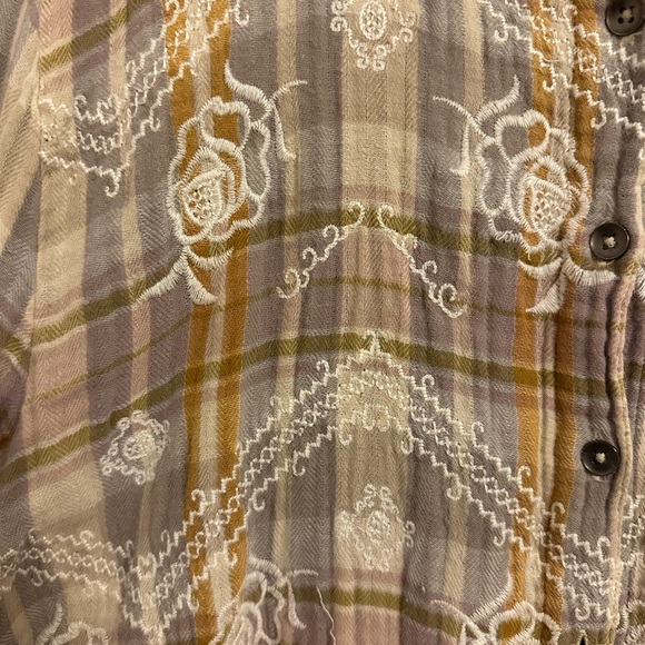 Free People Plaid Button-Up Shirt with Embroidered Details, size XL - Picture 3 of 9